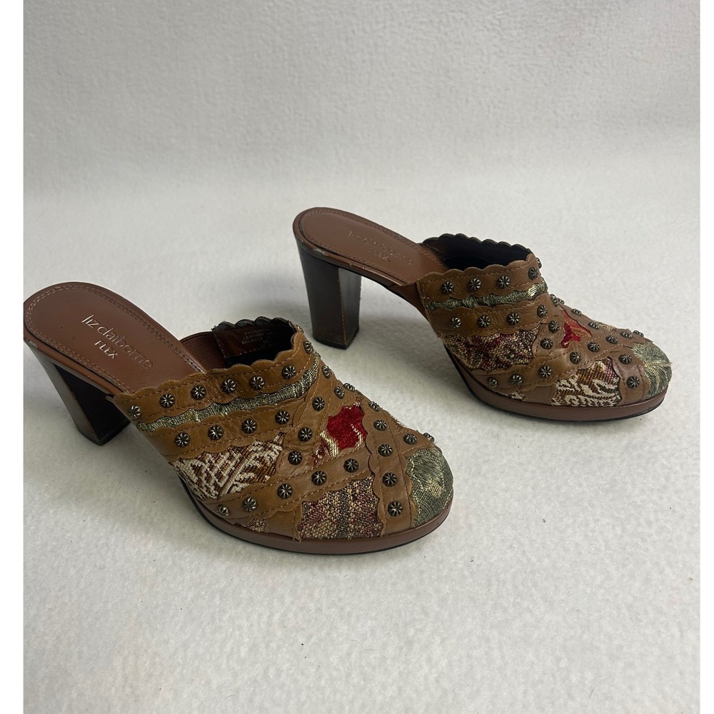 Boho Liz Claiborne Womens 6.5M Brown Studded Tapestry Mules Philomena 2 Western